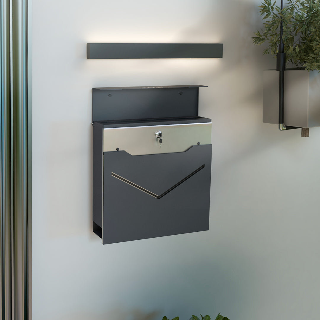 Postkasse, moderne design, vejrbestandig, 37 cm x 10,5 cm x 37 cm, grå