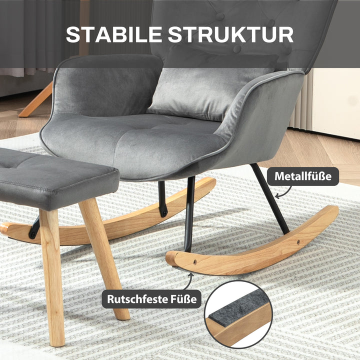 Accentstol med fodskammel, polstret, høj ryg, fløjlslook, op til 150 kg, mørkegrå