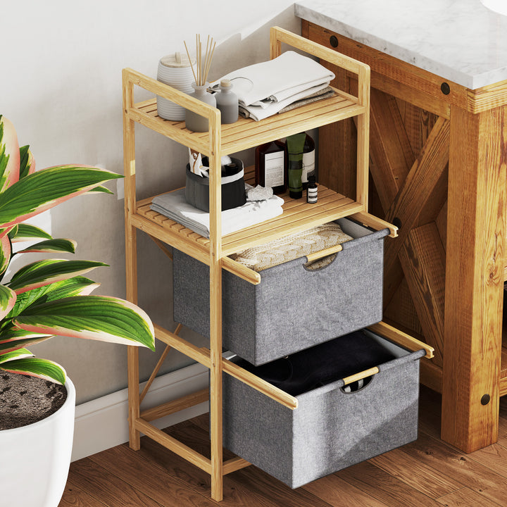 Bambus vasketøjsstativ med 2 stofkurve, åbne hylder, pladsbesparende, naturtræ