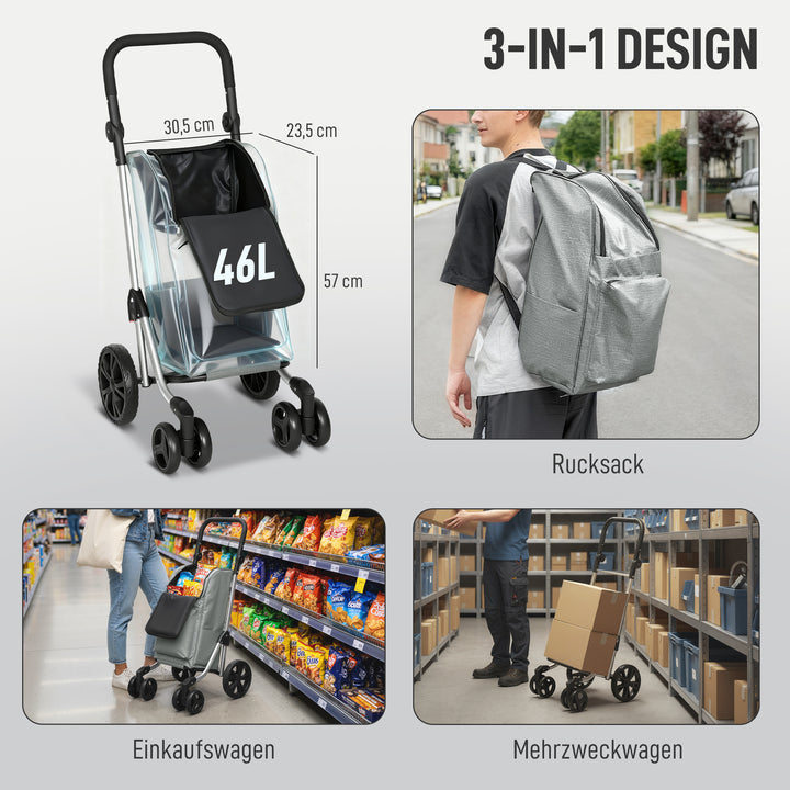 Indkøbsvogn, 46-liters taske, foldbar indkøbsvogn med køletaske, justerbart håndtag, aluminiumsramme, grå