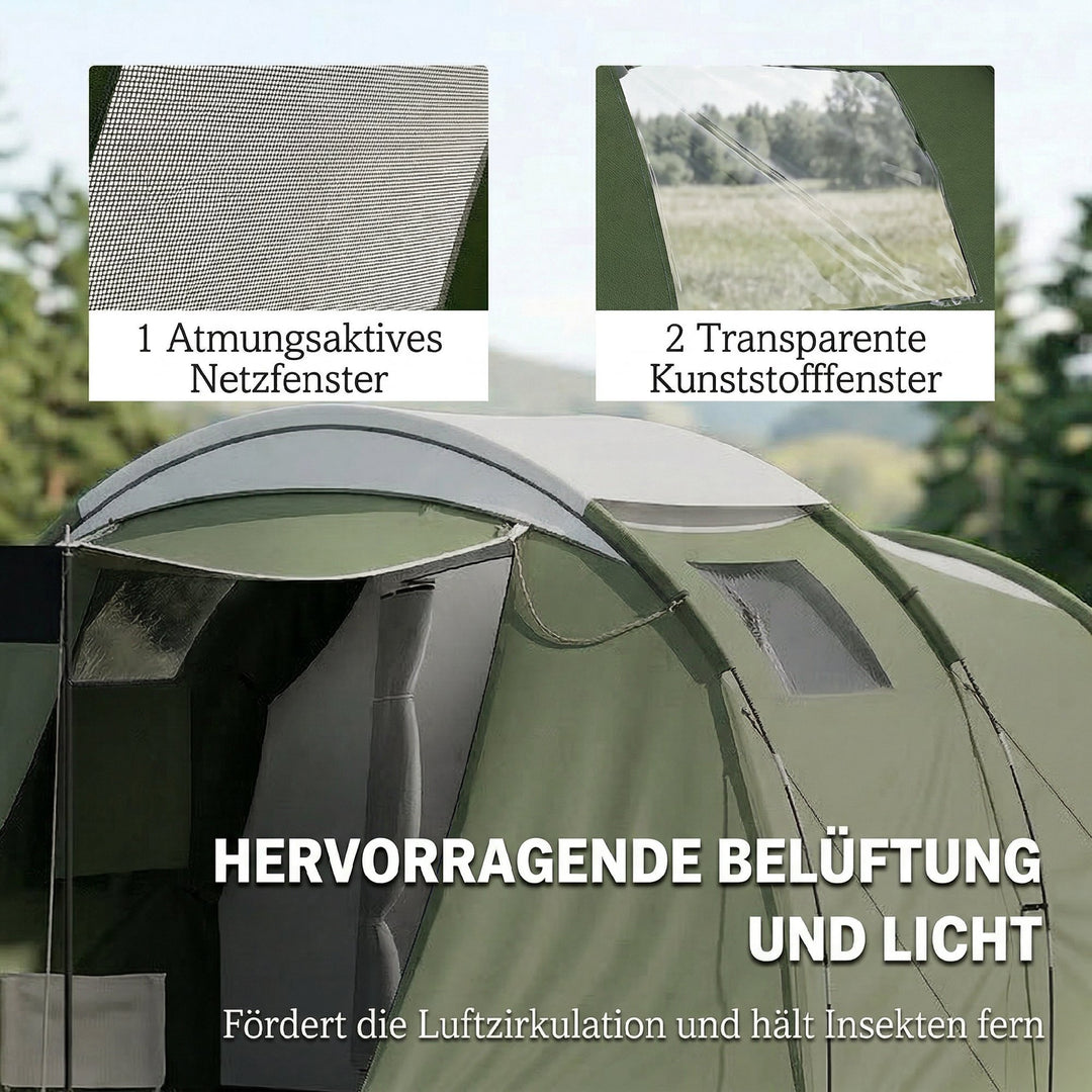 Campingtelt til 3-4 personer, robust 3000 mm vandtæt, familietelt med sovekabine, forhal, opholdsstue, grøn