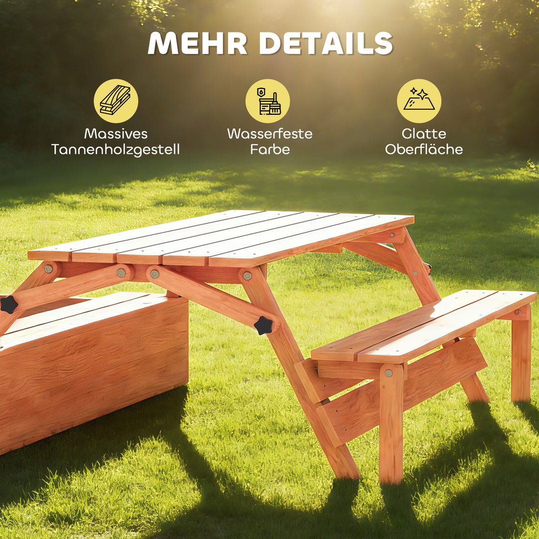 Træsandkasse med tag, sammenklappeligt picnicbord og bænke, til børn i alderen 3-8 år, 184 x 110 x 120 cm, brun
