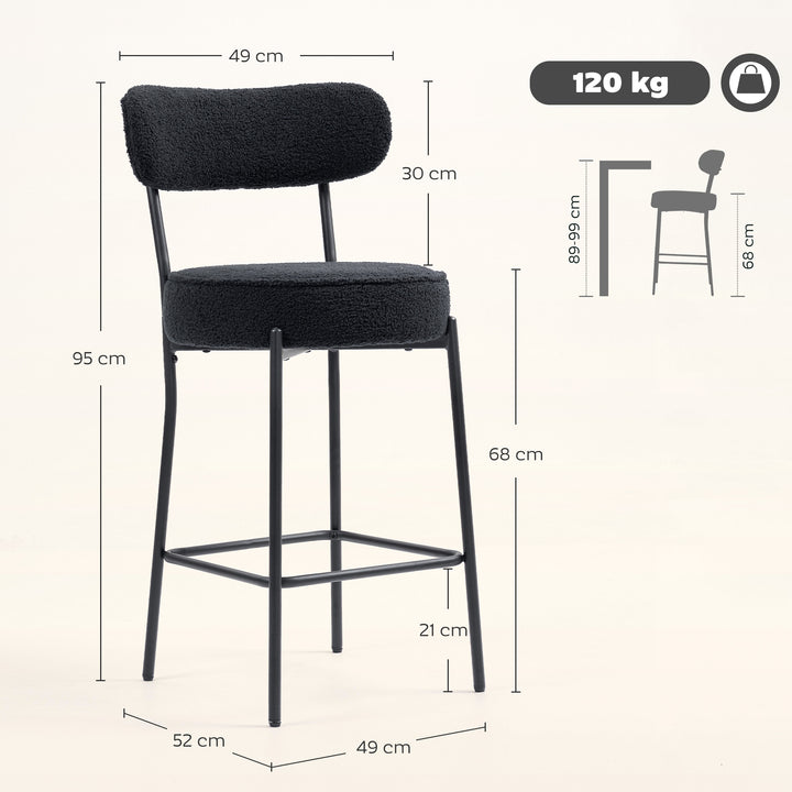 Sæt med 2 barstole med polstret sæde og fodstøtte, fleecebetræk, metalstel, sort