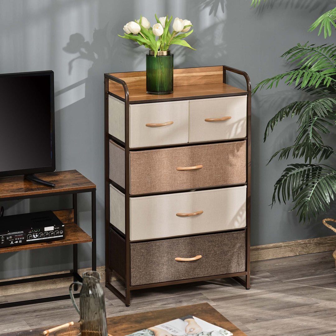 Kommode med 5 sammenklappelige stofskuffer, hylde, robust stålramme, 58 x 29 x 99 cm