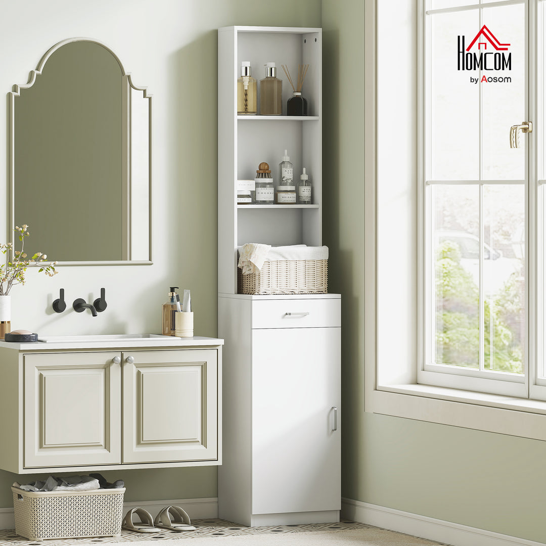 Højt badeværelsesskab, slankt design, skuffe, hylder, skab, spånplade, hvid