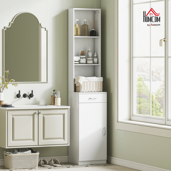 Højt badeværelsesskab, slankt design, skuffe, hylder, skab, spånplade, hvid