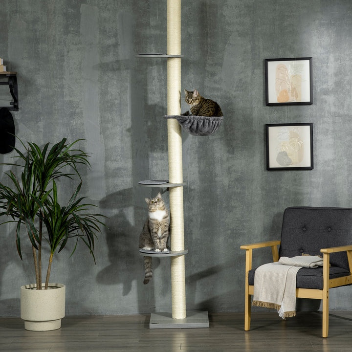 Kradsetræ med hængekøje, inklusive loftstrammer, lofthøjde, 40 cm x 40 m x 250 cm, grå + cremehvid