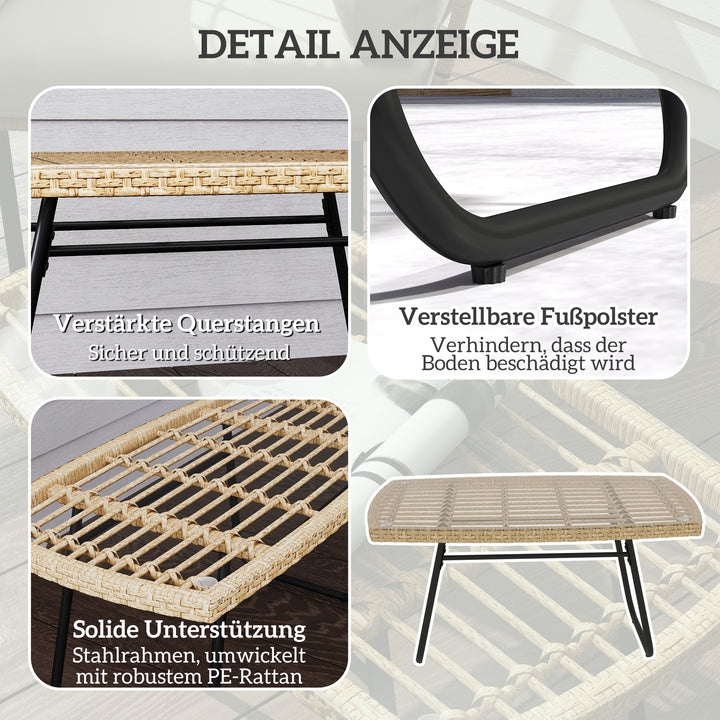 Polyrattan havebord, 90 x 50 x 45 cm, UV-bestandigt sidebord med glasplade, naturtræ