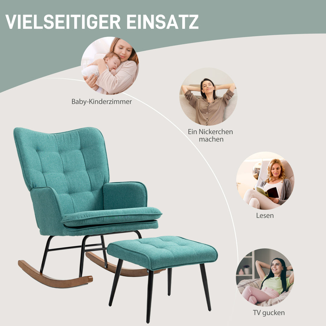 Gyngestol med fodskammel, bredt sæde, høj ryg, imiteret hør, mintgrøn