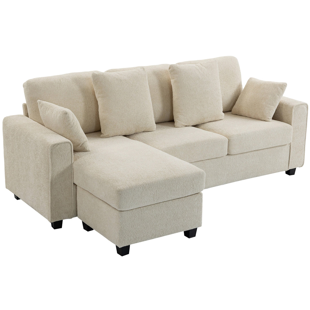 Hjørnesofa med vendbar chaiselong, 3-personers sofa med fløjlslook, bredt og dybt sæde, fjerhynder, beige