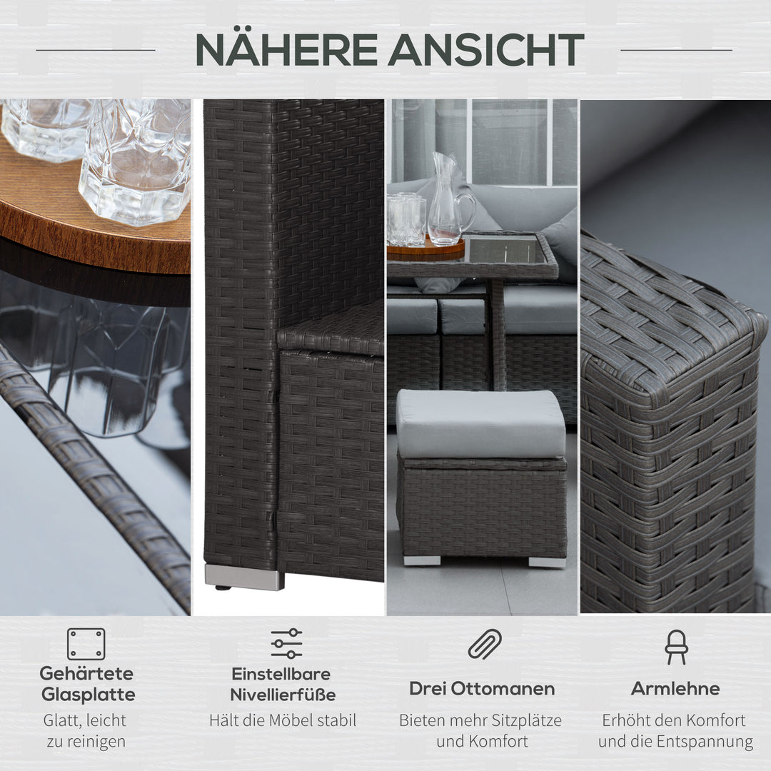 Havesæt med 10 dele i rattan-look med sæde- og ryghynder, rustfri metalramme, mørkegrå