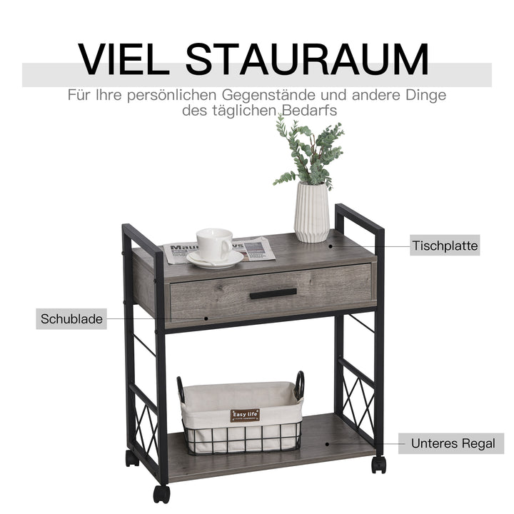 Sidebord serveringsvogn med hjul køkkenvogn sofabord med skuffe opbevaring skænk flytbar grå spånplade 60 x 30 x 65 cm