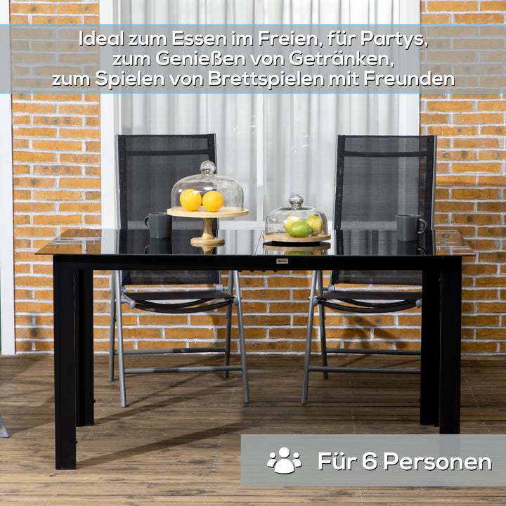 Havebord til 6 personer, vejrbestandigt, hærdet glas, terrassebord, 150 cm x 90 cm x 74 cm, sort