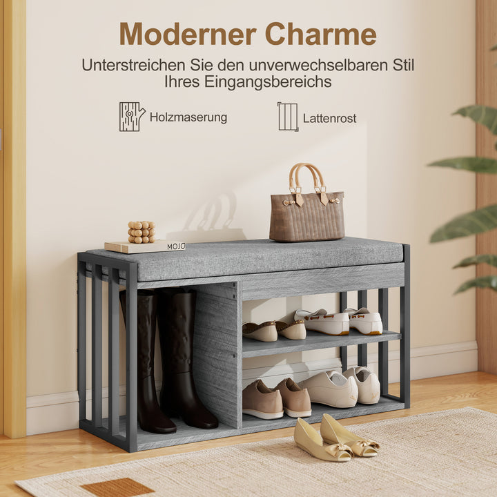 Skoreol med bænk, hylde til sko i gangen, skoskab med 3-lags design, til entré, stue, soveværelse, grå