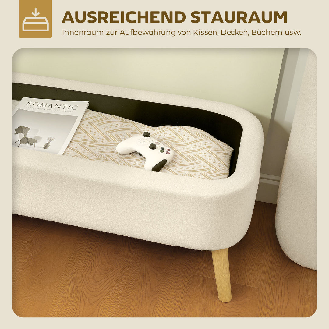 Opbevaringsbænk, bænk med 65 L opbevaringsplads, teddy fleecestof, gummitræ, 120 x 42 x 45 cm, beige