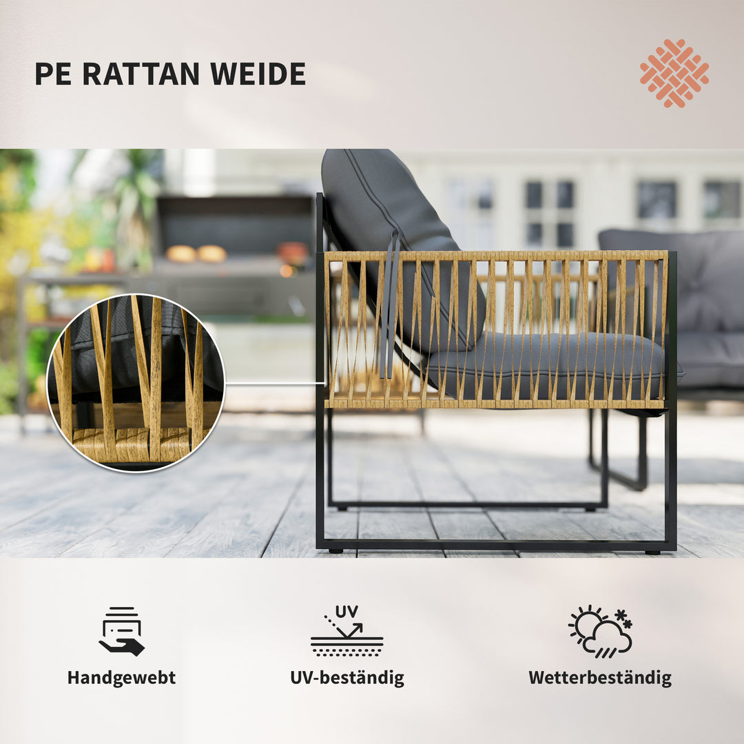 Havemøbelsæt, 4 dele, sofa, 2 stole, bord med glasplade, metalstel, polyrattan, antracit