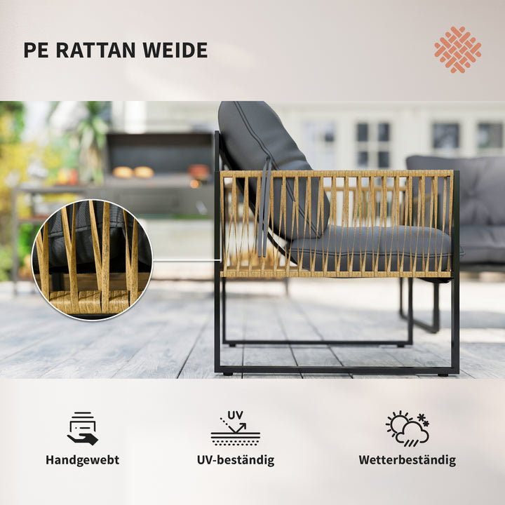 Havemøbelsæt, 4 dele, sofa, 2 stole, bord med glasplade, metalstel, polyrattan, antracit