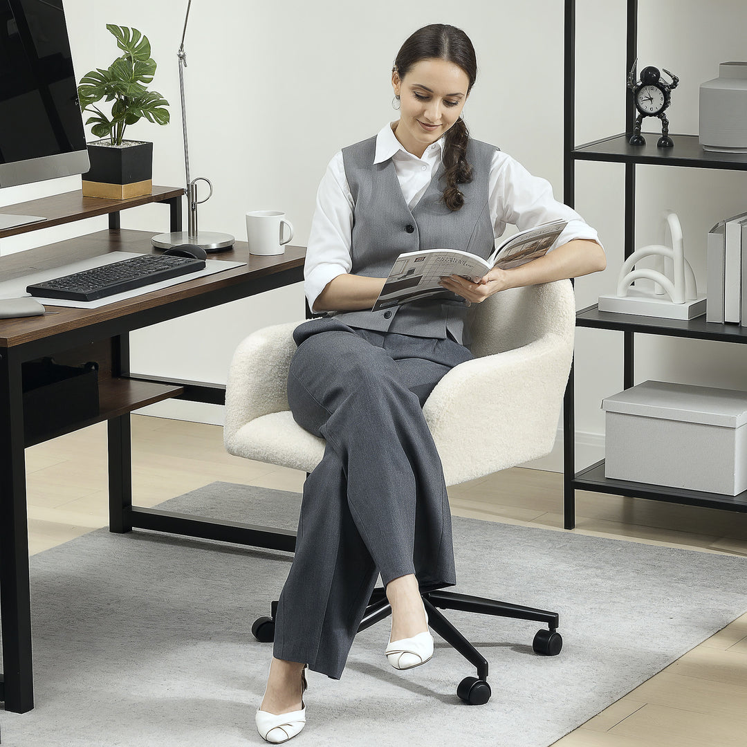 Drejelig kontorstol med hjul, skrivebordsstol, fleecestof, skum, højdejusterbar, hjemmekontor, cremehvid