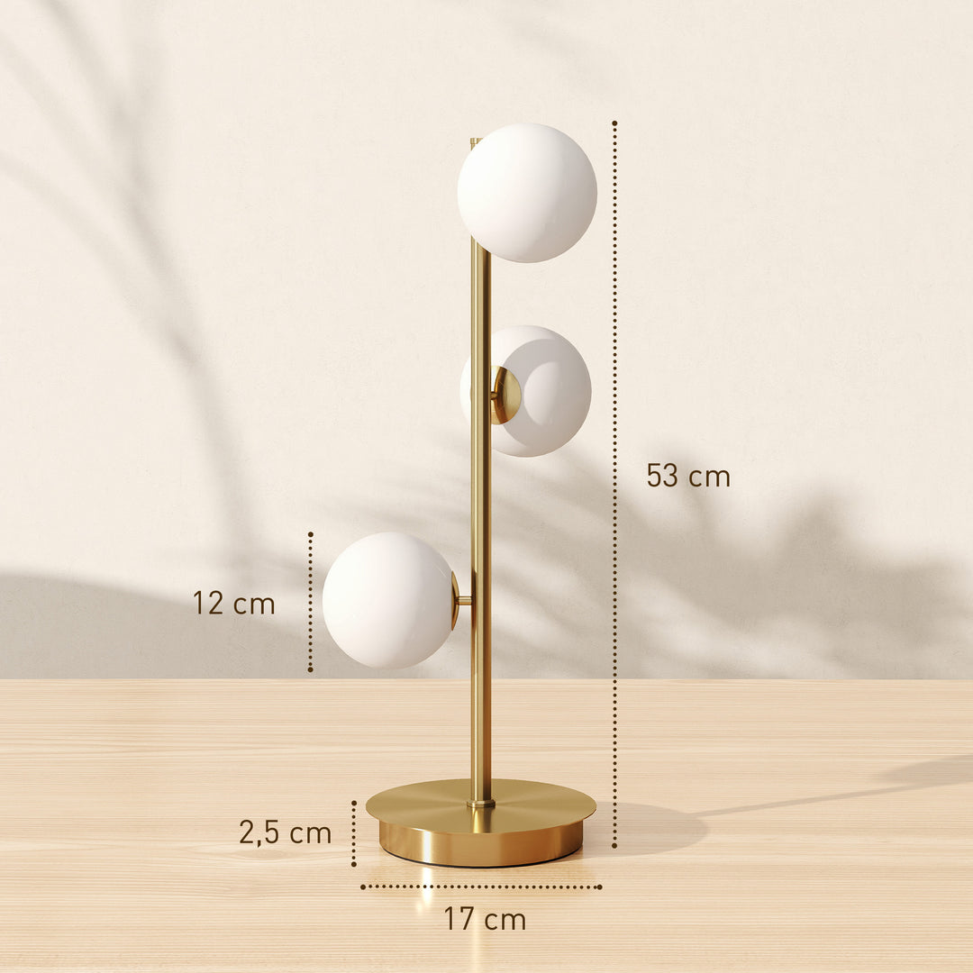 Bordlampe med 3 kugleskærme, med stabil stålfod, G9-fatninger, 24 x 24 x 53 cm, messing