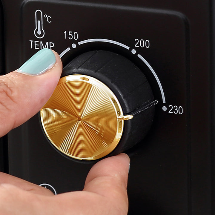 Miniovn, brødristerovn, timer, bagerist, bageplade, glasvindue, metal, sort