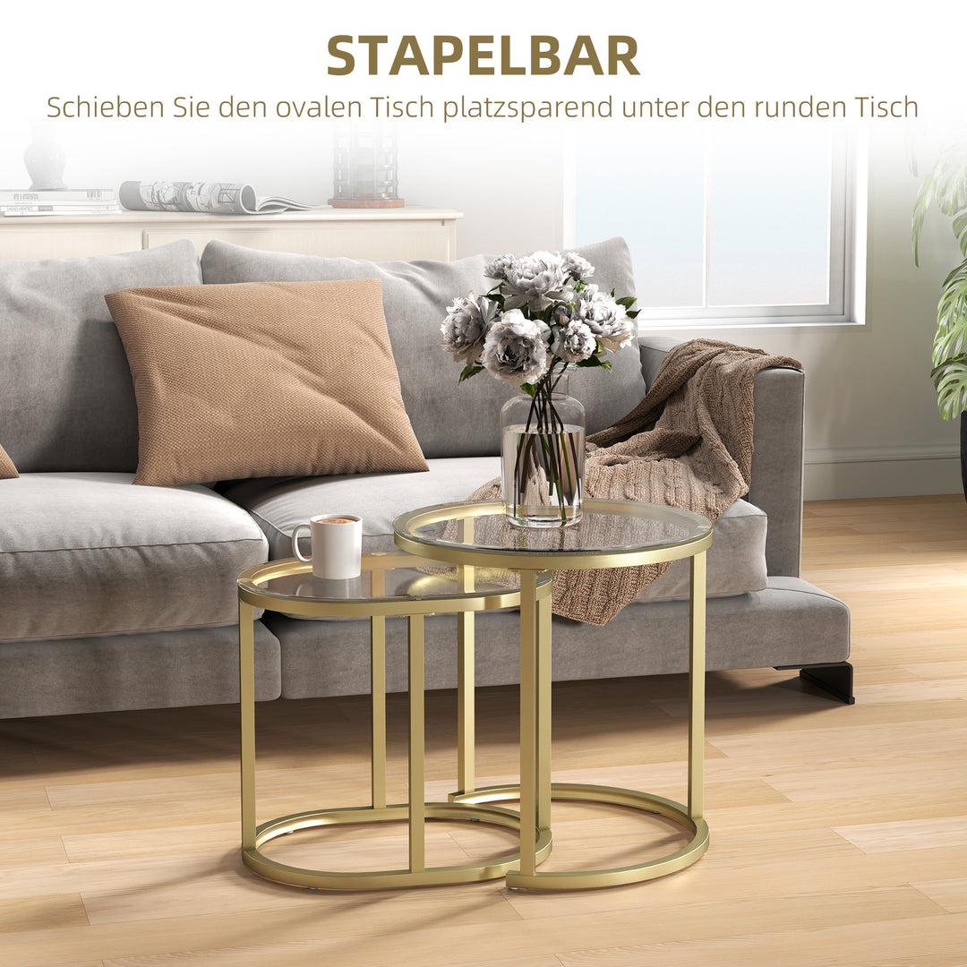 Sæt med 2 sofaborde, ovale og runde, stabelbare, stål, Ø50 x 50,5H cm, guld