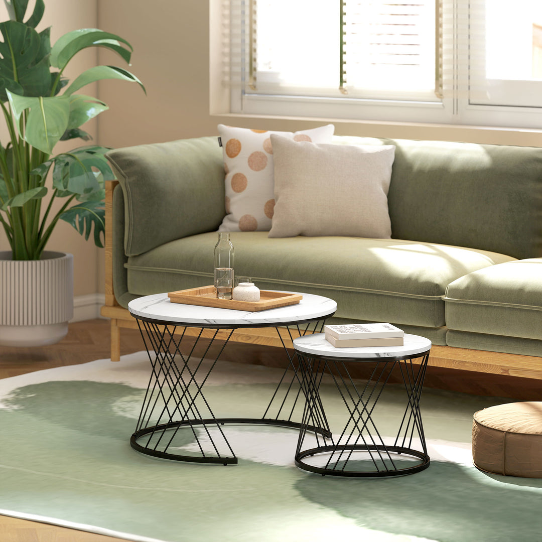 Sæt med 2 sofaborde i marmorlook af spånplade til stue, indskudsborde, hvide