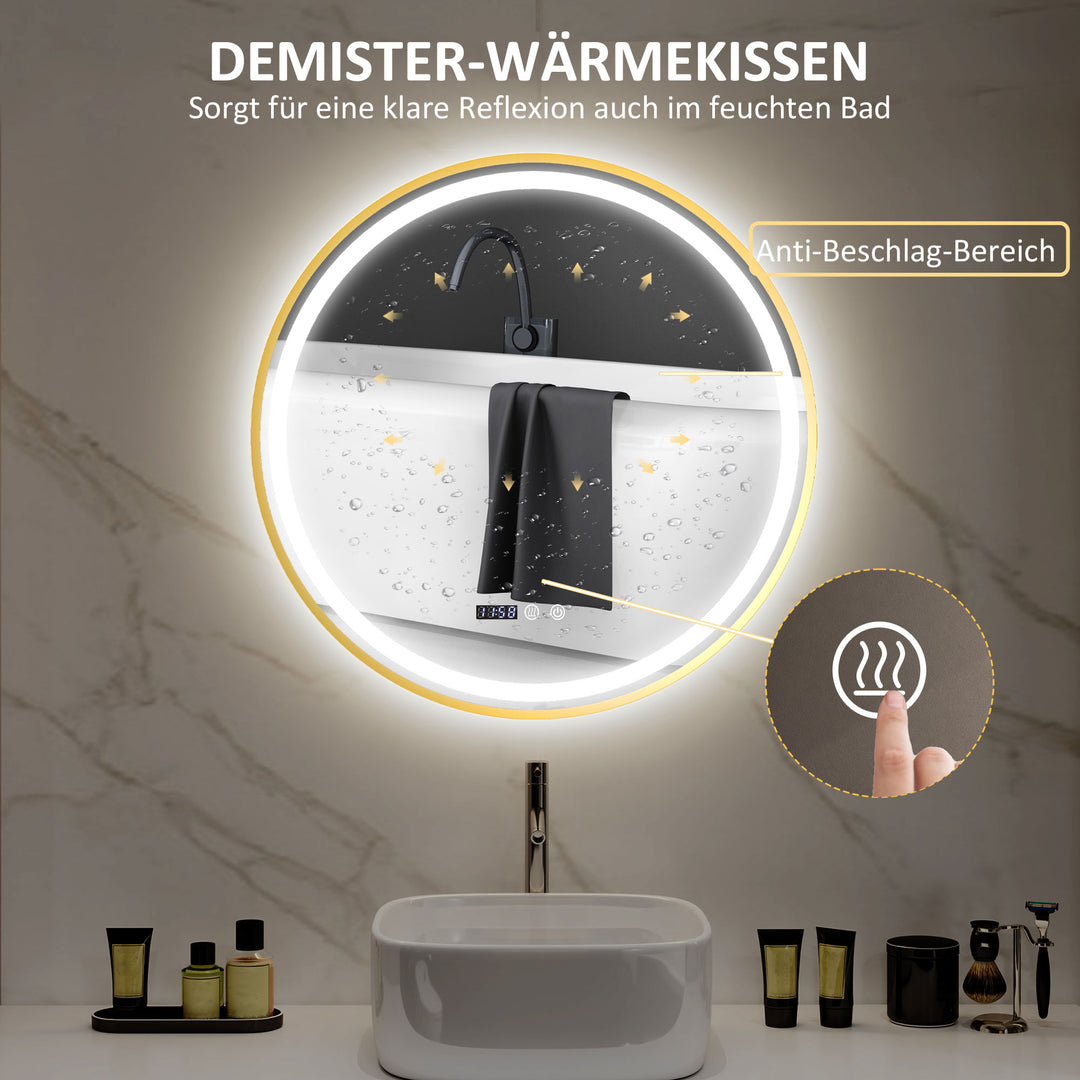 Rundt badeværelsesspejl med led-lys, antidugspejl, touchbetjening, display