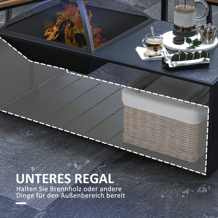 2-I-1 bålskål, bordplade med keramiske fliser, poker, rustfri, 101 x 51 x 56 cm, sort