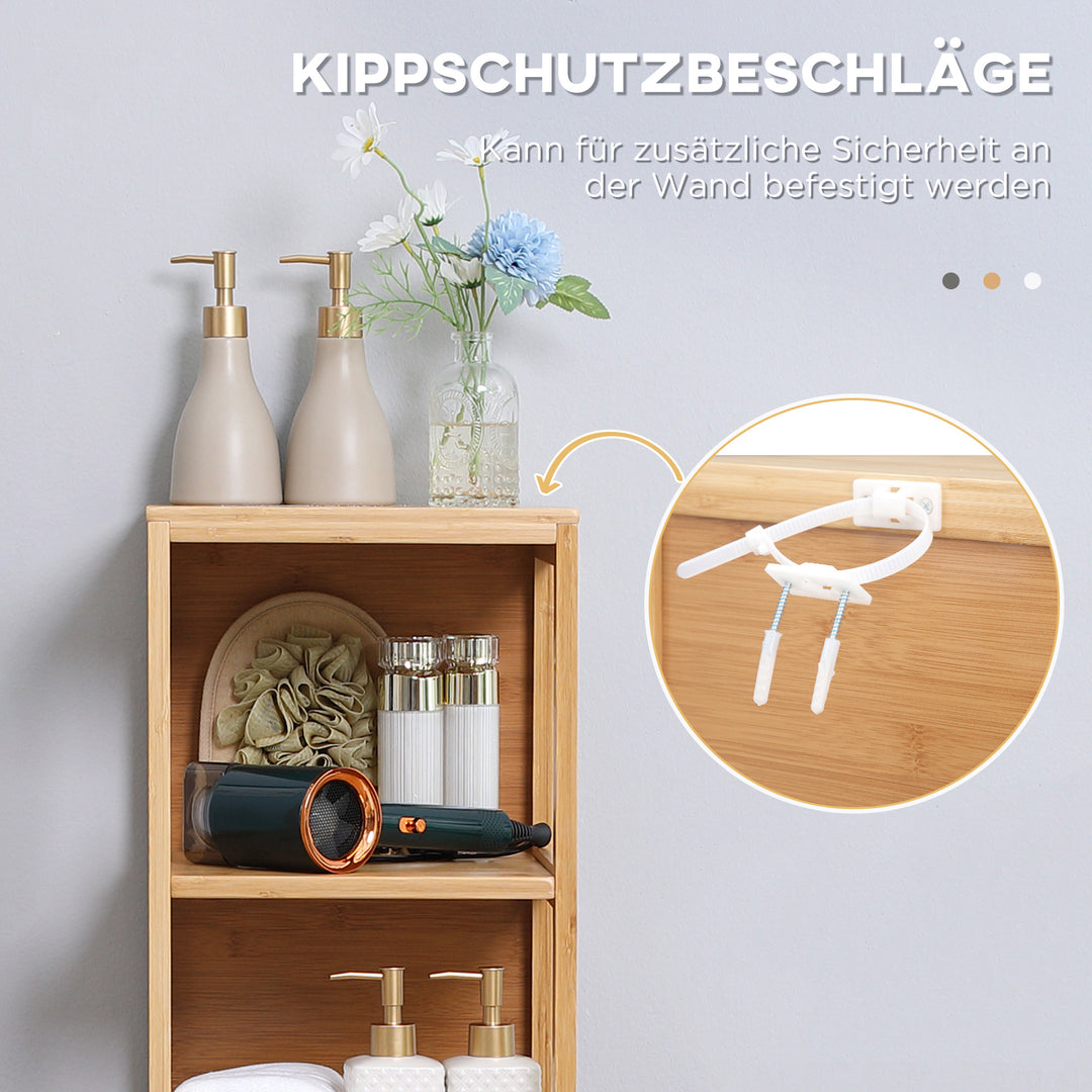 Badeværelsesskab, 3 hylder, 2 skuffer, bambus, 30 cm x 30 cm x 140 cm, naturfarvet