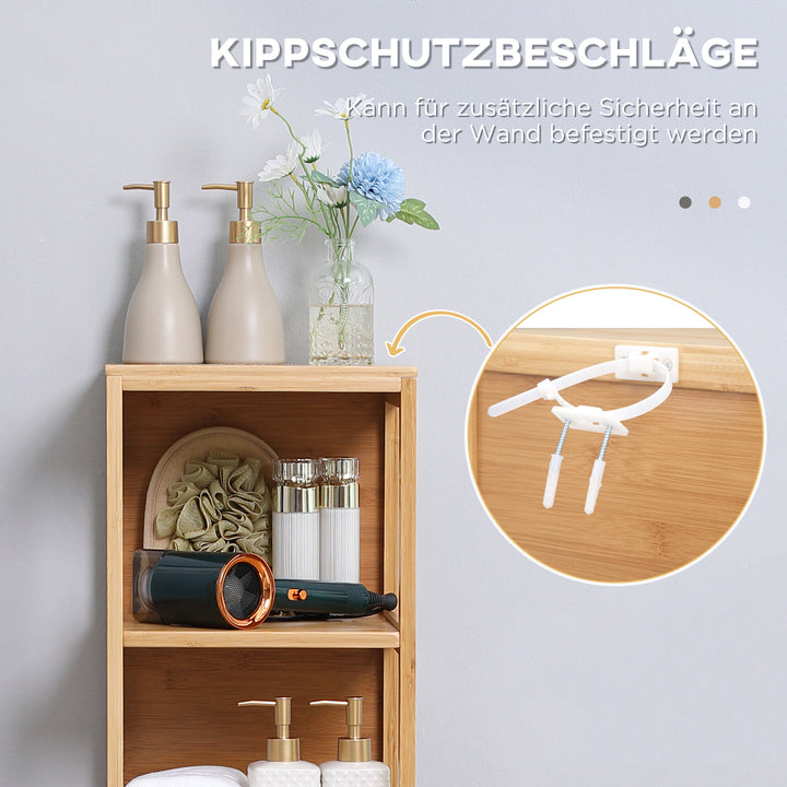 Badeværelsesskab, 3 hylder, 2 skuffer, bambus, 30 cm x 30 cm x 140 cm, naturfarvet