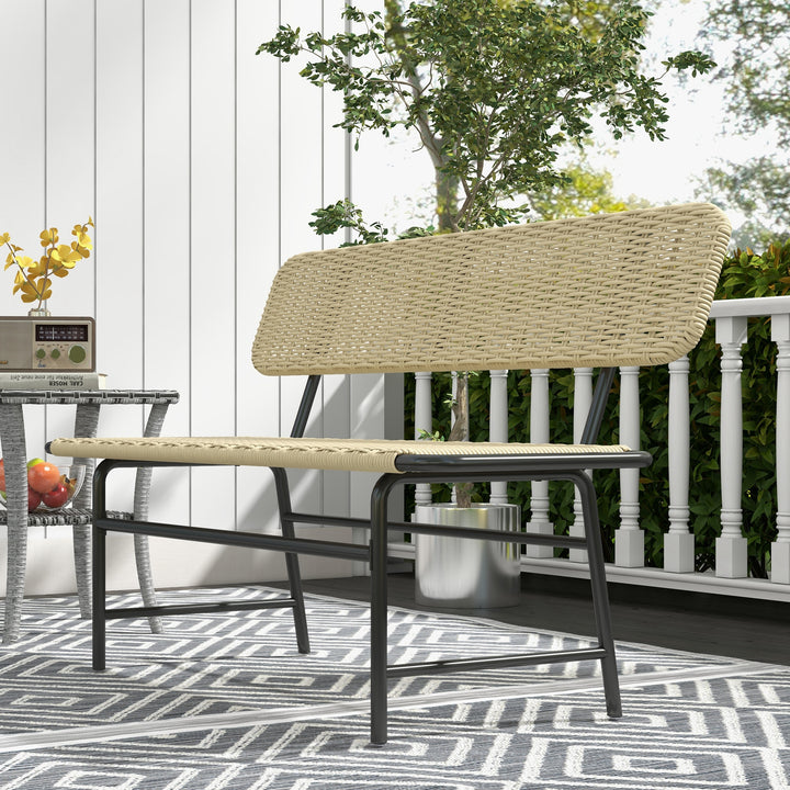 Udendørsbænk til 2 personer, kunstig rattan, rustfri metalramme, 132 x 66 x 80 cm, khaki