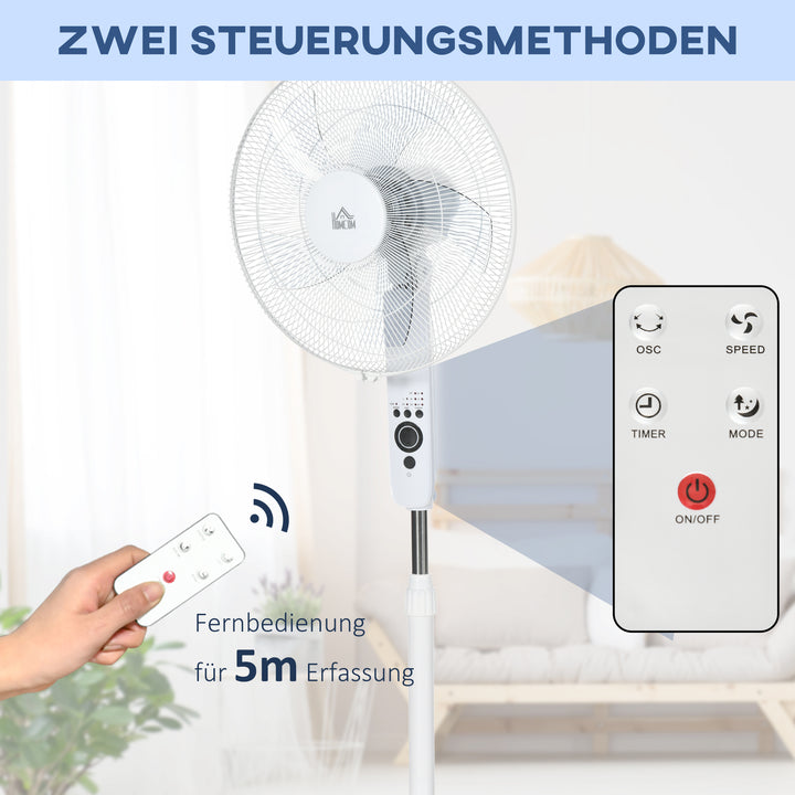 Standventilator med fjernbetjening, højdejusterbar, 3 hastighedsindstillinger, metal, hvid, Ø44,5 x H110-124 cm