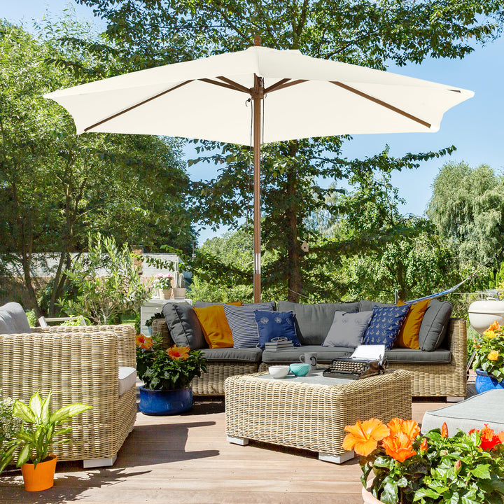 Parasol Ø 250 cm, parasol med trækmekanisme, balkonparasol, strandparasol af bambus, vindtæt, markedsparasol, solskærm til balkon, terrasse, have, hvid