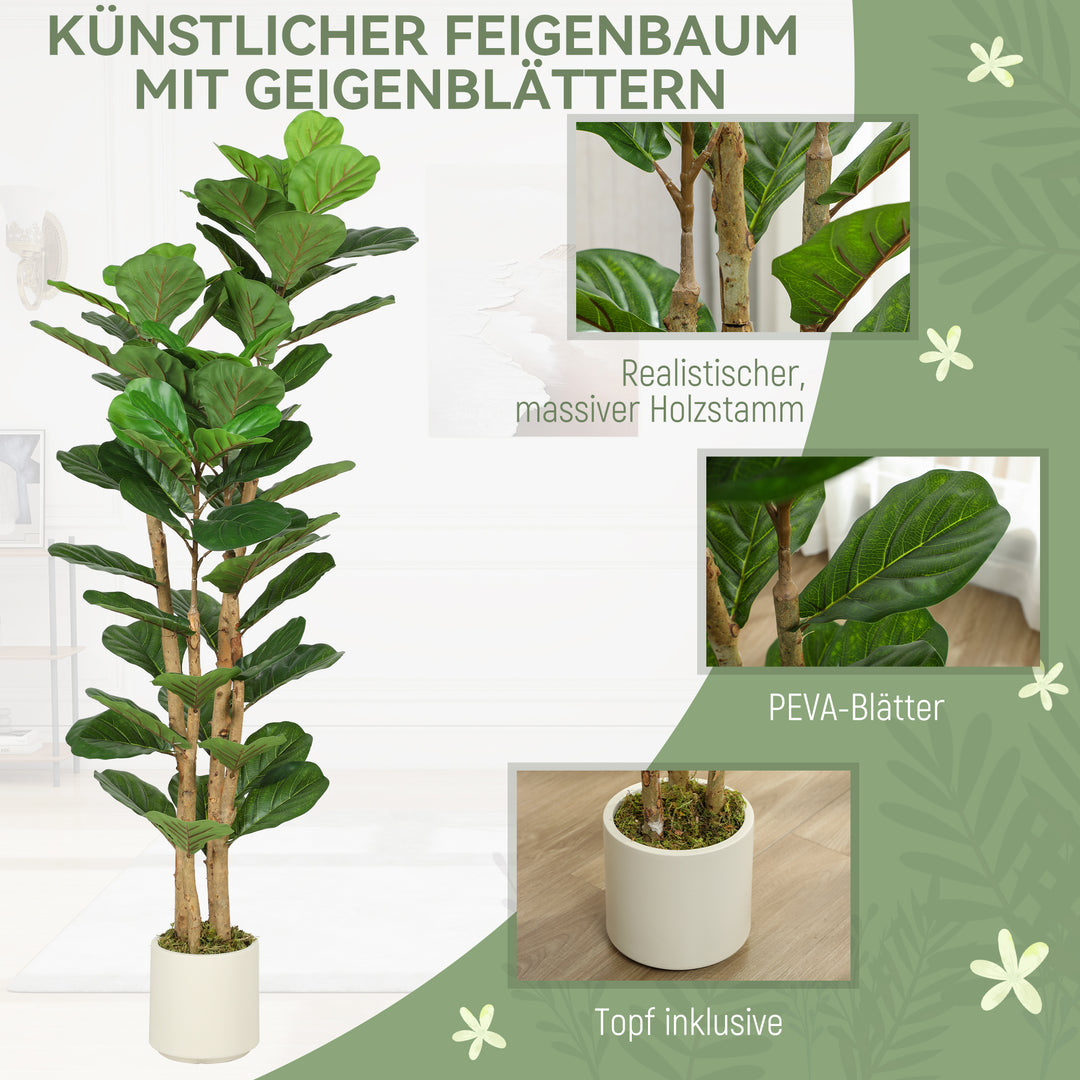 Kunstigt figentræ med violinblade, kunstig plante med 71 blade, massiv træstamme, potte, 50 x 50 x 150 cm, grøn