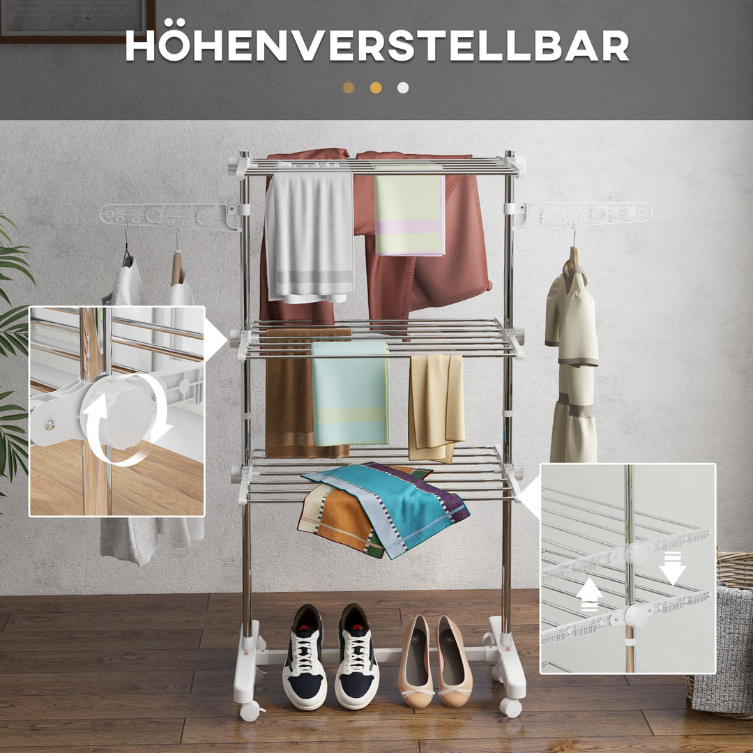 Mobil tørrestativ, tørretumbler, 3 niveauer, foldbar, sølv + hvid