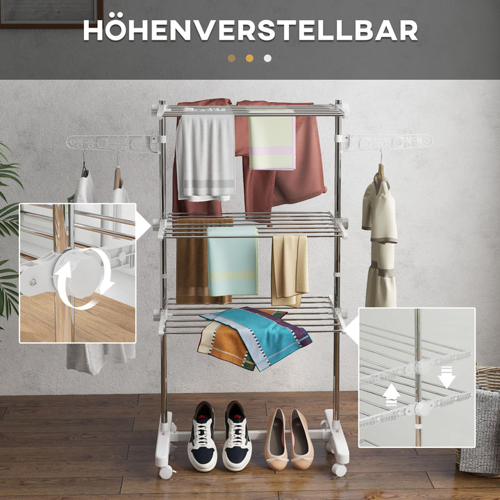Mobil tørrestativ, tørretumbler, 3 niveauer, foldbar, sølv + hvid