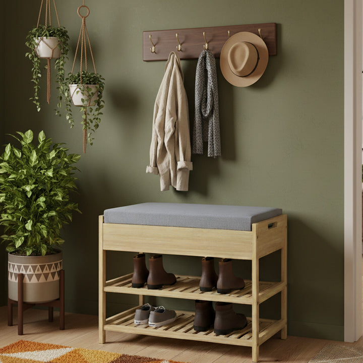 Skobænk med 2 hylder og polstret sæde, bambus, 55 x 35 x 46 cm, grå + naturfarvet