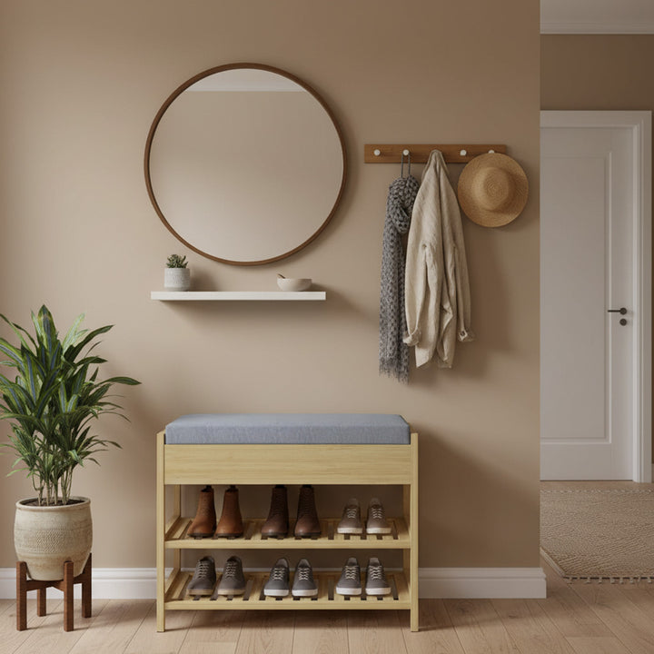 Skobænk med 2 hylder og polstret sæde, bambus, 55 x 35 x 46 cm, grå + naturfarvet