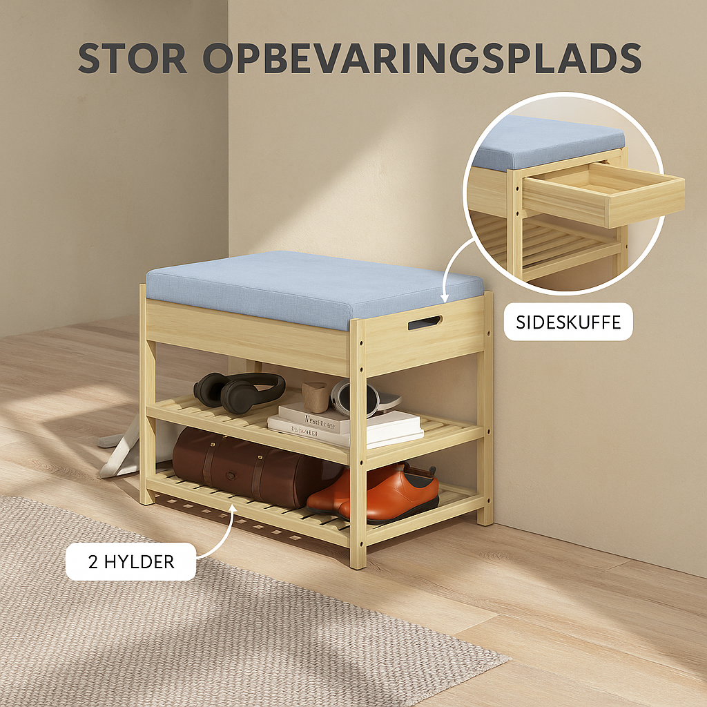 Skobænk med 2 hylder og polstret sæde, bambus, 55 x 35 x 46 cm, grå + naturfarvet