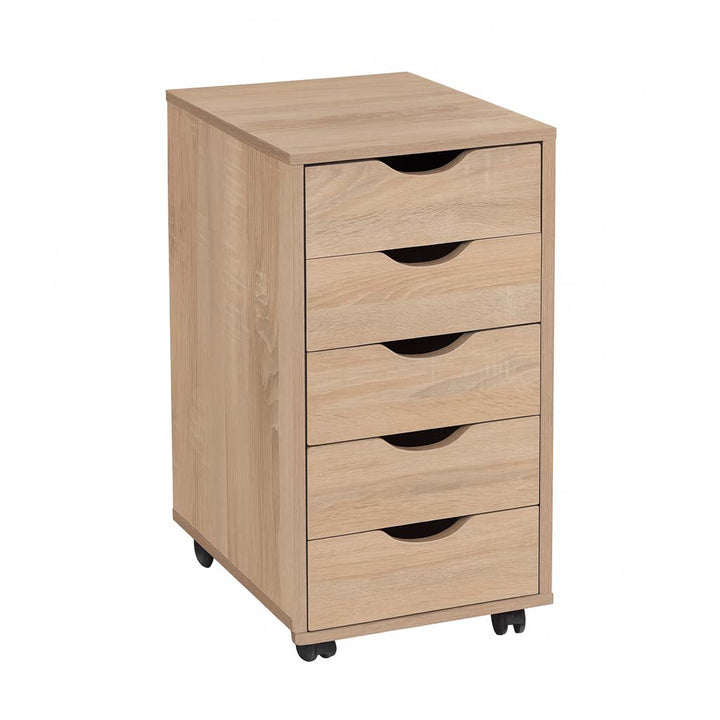 Skuffedarium med 5 skuffer og hjul, 33 x 64 x 38 cm, naturfarvet