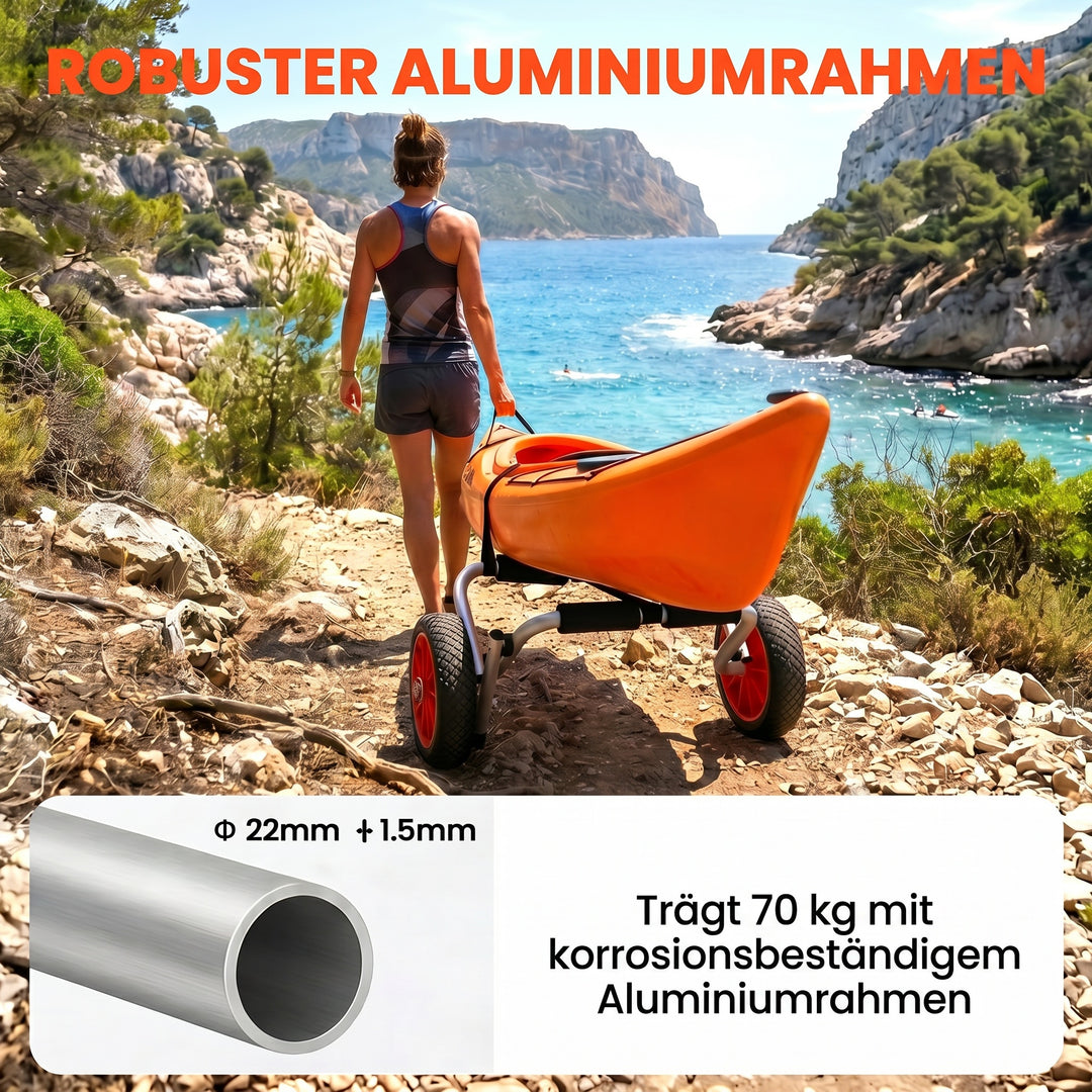 Sammenklappelig kajakvogn i aluminium (op til 70 kg) med spændestropper og luftløse, knudrede dæk