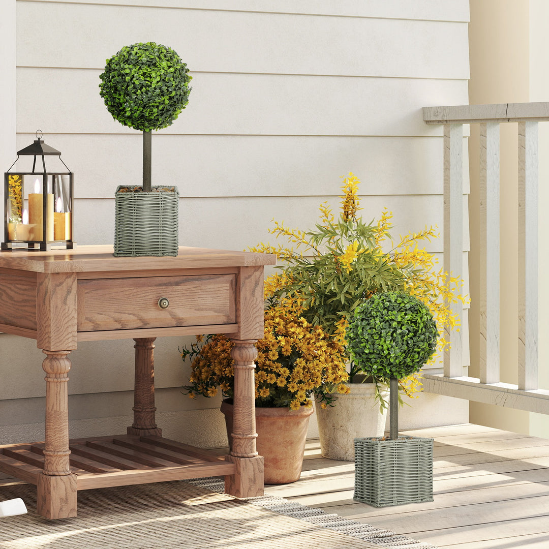 Sæt med 2 kunstige planter, uv-bestandige kunstige træer i potter, egnet til indendørs og udendørs brug, plastik, cement, grøn