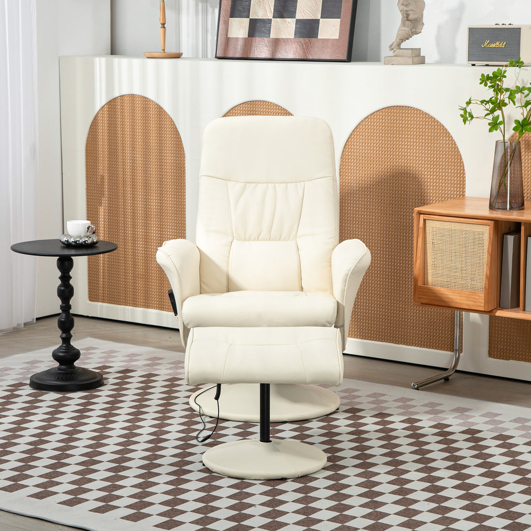 Massagestol med fodskammel, ergonomisk stol med 10 vibrationspunkter, kunstlæder, 76 x 81 x 105 cm, cremehvid