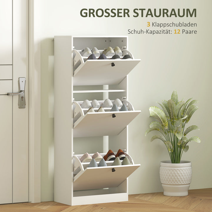 Skoskab, 3 skuffer, til op til 12 par sko, spånplade, hvid