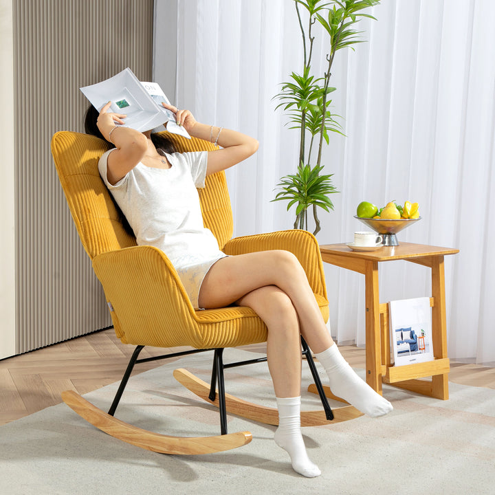 Vintage gyngestol, buede løbere, tykt polstring, bøgetræ og stål, gul