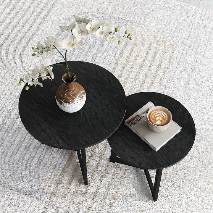 Moderne sofabordsæt med 2, metalstel, MDF, rundt design, stabelbart, sort