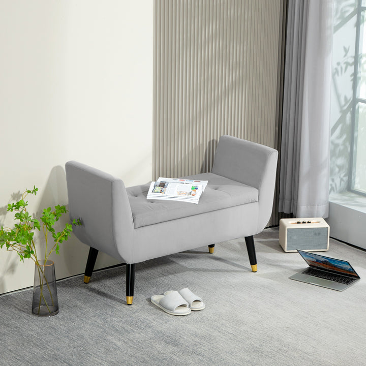 Opbevaringsbænk med armlæn, kommodebænk, fløjlspolyester, gummitræ, lysegrå, 107 x 42 x 65 cm