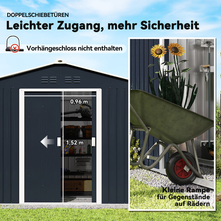 Metalhaveskur med skydedøre og ventilationsvinduer, 277 x 195 x 192 cm, mørkegrå