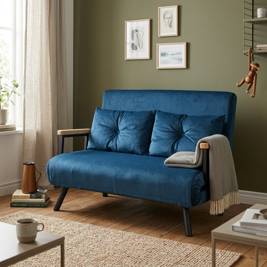 Blå sovesofa i fløjl set forfra
