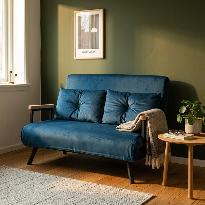 Sovesofa i stue, stemningsfuld scene